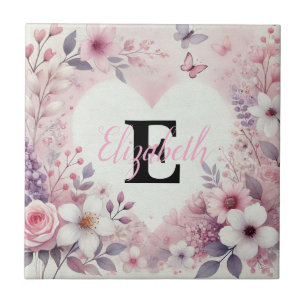 Monogram name floral hearts romantic watercolor ceramic tile