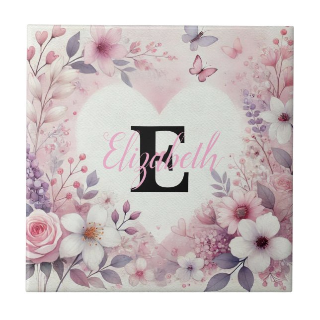 Monogram name floral hearts romantic watercolor  ceramic tile (Front)