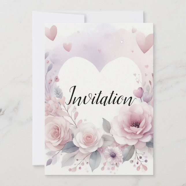 Monogram name floral hearts romantic watercolor  invitation (Front)