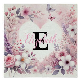Monogram name floral hearts romantic watercolor  poster