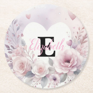 Monogram name floral hearts romantic watercolor round paper coaster