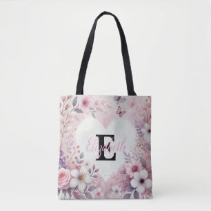Monogram name floral hearts romantic watercolor tote bag