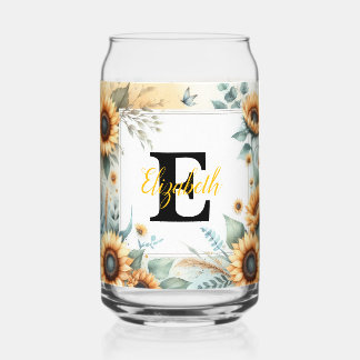 Monogram name floral sunflower pastel watercolor can glass