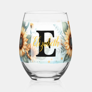 Monogram name floral sunflower pastel watercolor  stemless wine glass