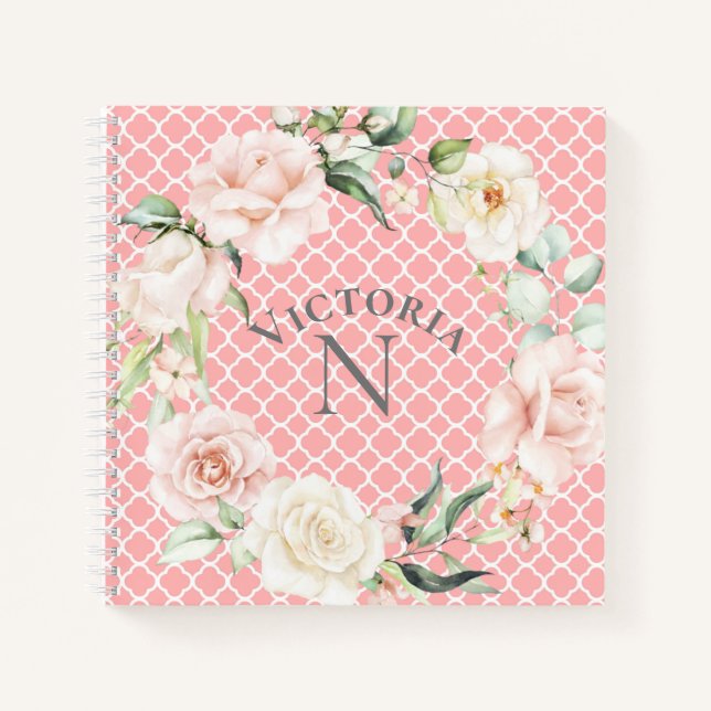 Monogram Name Floral Watercolor Damask Notebook (Front)