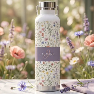 Monogram Name Floral Wildflower Boho Lavender Chic Water Bottle