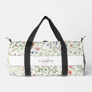 Monogram Name Floral Wildflower Pattern Gym Yoga Duffle Bag