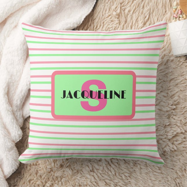 Monogram Name Geometric Stripes Pink Green White Cushion (Blanket)