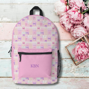 Monogram Name Gingham Coquette Bows Pink Girls  Printed Backpack
