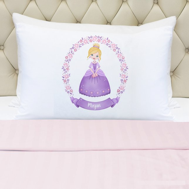 Monogram Name Girl Princess Pillowcase (A cute girls purple princess pillowcase. Personalize it with your girls name. So cute for her bed.)