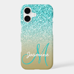 Monogram Name Girly Teal Glitter Gold Ombre