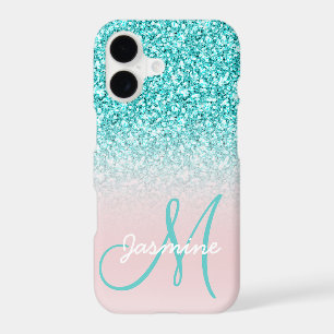 Monogram Name Girly Teal Glitter Pink Ombre