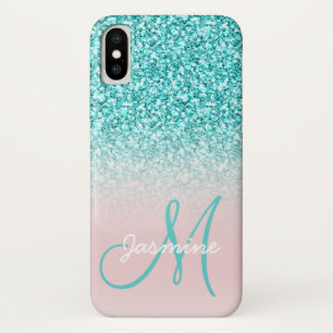 Monogram Name Girly Teal Glitter Pink Ombre iPhone X Case