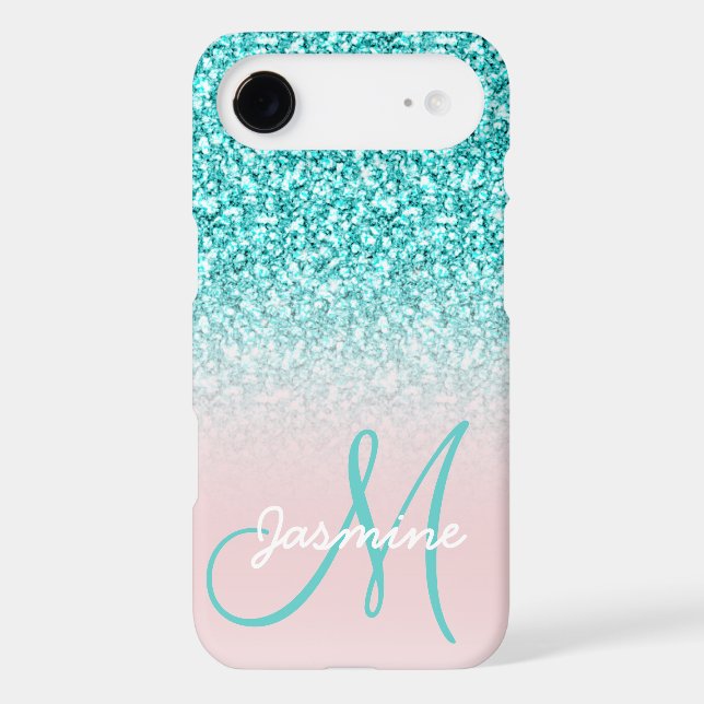 Monogram Name Girly Teal Glitter Pink Ombre Case-Mate iPhone Case (Back)
