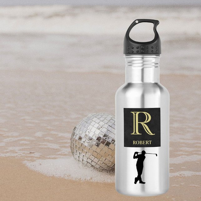 Monogram Name Gold Black Golfer   532 Ml Water Bottle (Creator Uploaded)