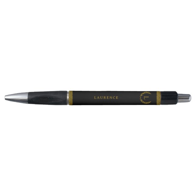 Monogram Name Gold Laurel Black Pen (Front)