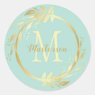 Monogram Name Gold Mint Green Christmas Wreath Classic Round Sticker