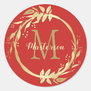 Monogram Name Gold Red Christmas Wreath Classic Round Sticker