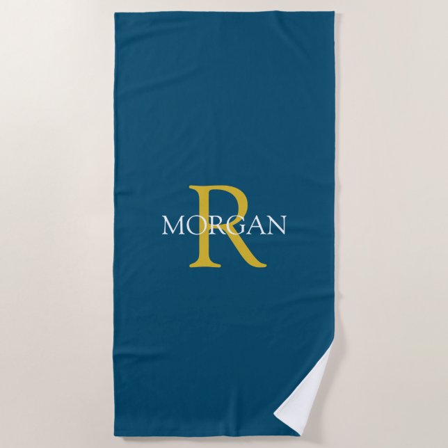 Monogram & Name, Gold & White Text, Ocean Blue Beach Towel (Front)