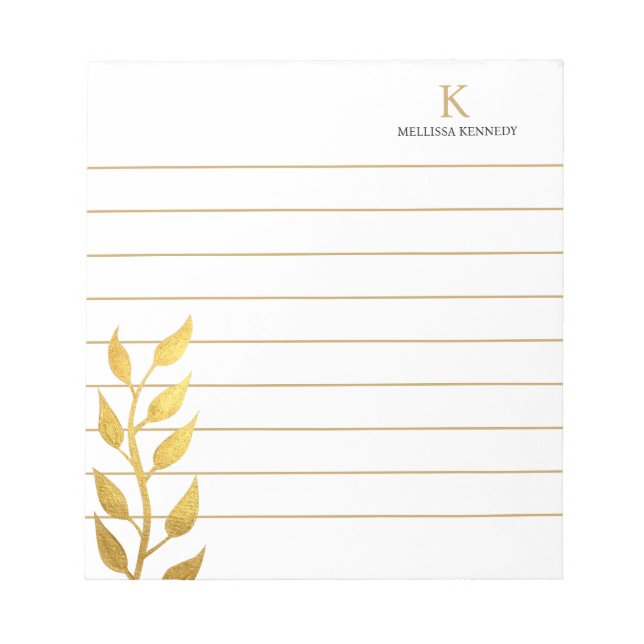 Monogram Name Golden Leaves Gold Lined Notepad (Front)