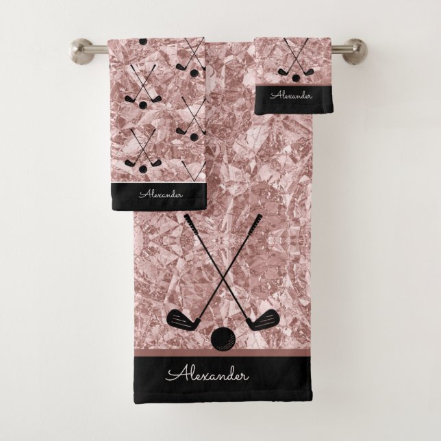 Monogram name golfing sport pink black rose gold bath towel set (Insitu)