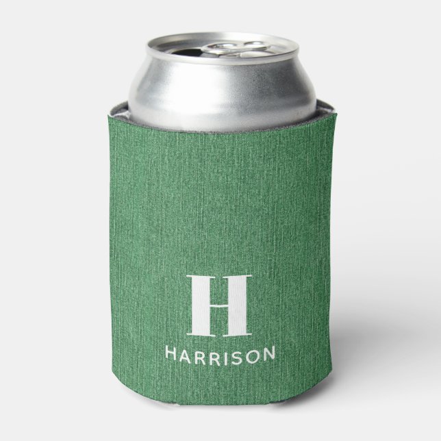 Monogram Name Green Denim Print 12oz Can Cooler (Can Front)