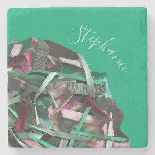 Monogram Name Green Khaki Pink Abstract Stripes Stone Coaster