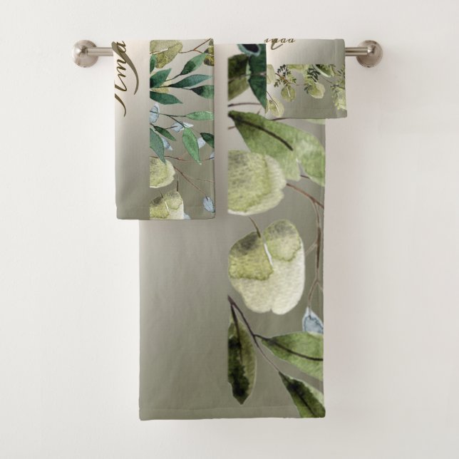 Monogram Name Green Leaves Golden Bronze Elegant Bath Towel Set (Insitu)