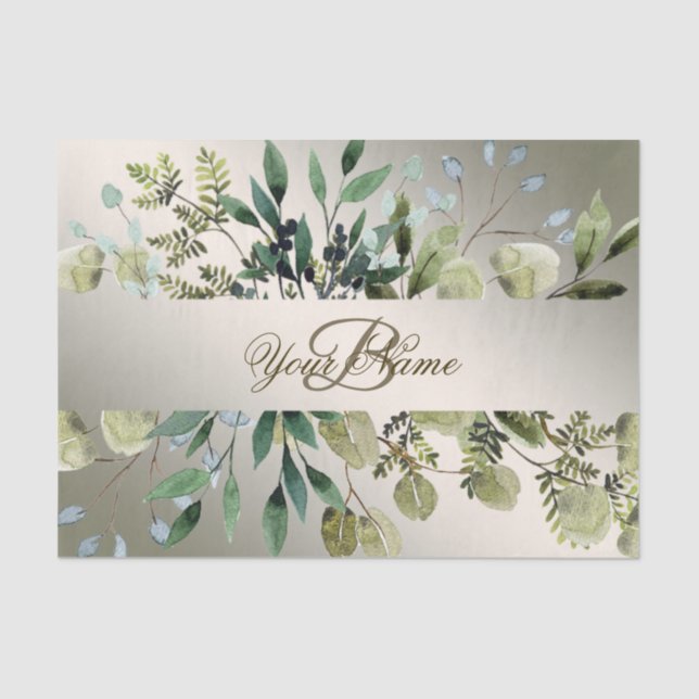 Monogram Name Green Leaves Golden Bronze Elegant Tissue Paper (Front)