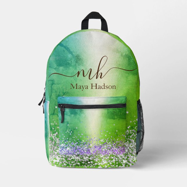 Monogram Name Green Metallic Glitter  Printed Backpack (Front)