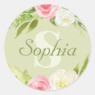 Monogram Name Green Pink Watercolor Floral Classic Round Sticker