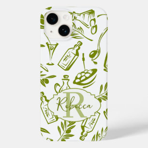 Monogram Name Green White Olive Botanical Pattern Case-Mate iPhone 14 Case