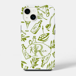 Monogram Name Green White Olive Botanical Pattern iPhone 14 Case