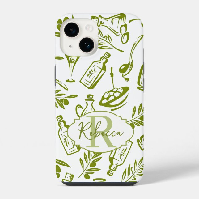 Monogram Name Green White Olive Botanical Pattern iPhone Case (Back)