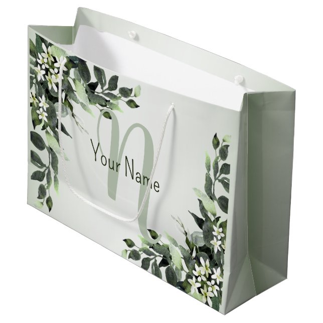 Monogram Name Greenery Floral Eucalyptus Leaves Large Gift Bag (Front Angled)