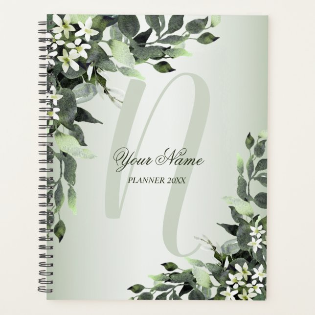 Monogram Name Greenery Floral Eucalyptus Leaves Planner (Front)