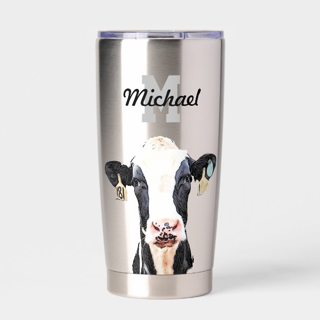 Monogram Name Holstein Cow Dairy Farm Livestock Insulated Tumbler (Front)