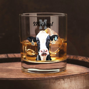 Monogram Name Holstein Cow Dairy Farm Livestock Whiskey Glass