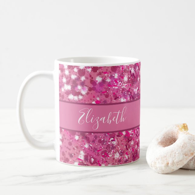 Monogram Name Hot Pink Glitter Sparkle Girly Glam Coffee Mug (With Donut)