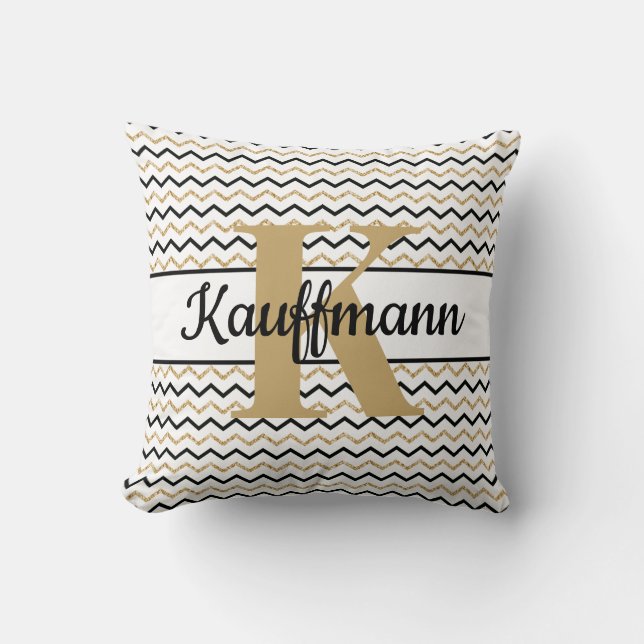 Monogram Name Initial Black White Gold Chevron Zig Cushion (Front)