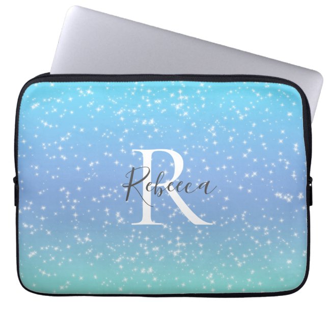 Monogram Name Initial Blue Green Sparkle Girly  Laptop Sleeve (Front)