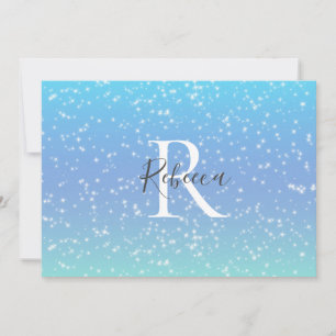 Monogram Name Initial Blue Green Sparkle Girly Thank You Card