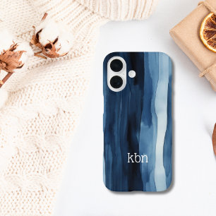 Monogram Name Initial Blue White Watercolor Stripe iPhone 16 Case