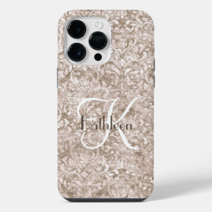 Monogram Name Initial Brown White Ornate Flourish iPhone 14 Pro Max Case