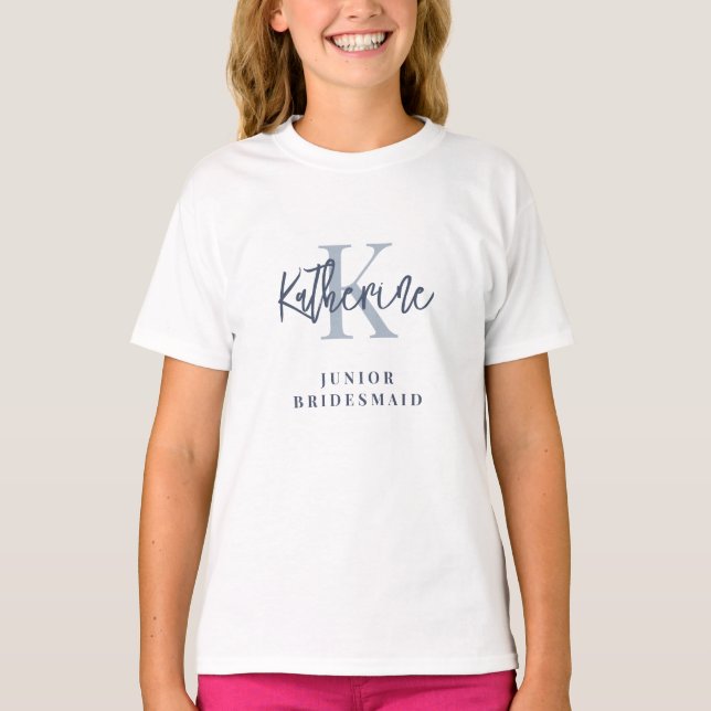 Monogram Name Initial Dusty Blue Junior Bridesmaid T-Shirt (Front)
