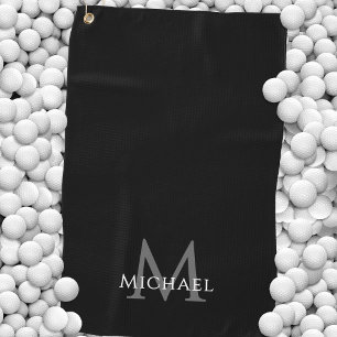 Monogram Name Initial Elegant Black Custom Golf Towel