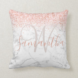 Monogram Name Initial Glitter Blush Silver Cushion