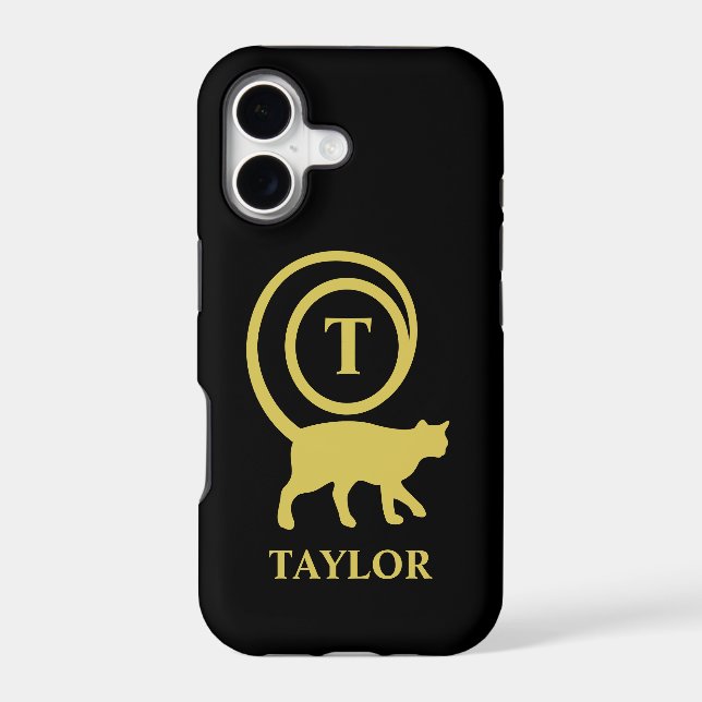Monogram Name Initial Kitty Cat Lover Black Gold (Back)