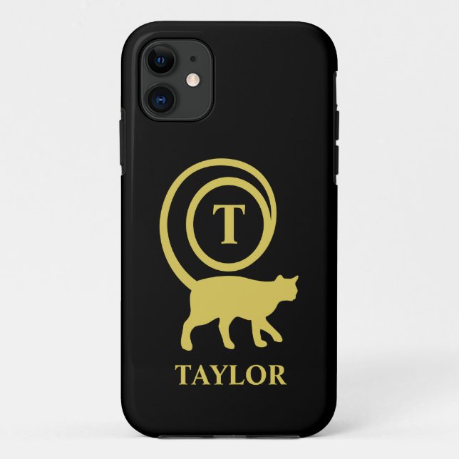 Monogram Name Initial Kitty Cat Lover Black Gold Case-Mate iPhone Case (Back)