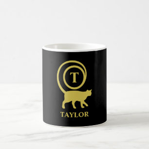 Monogram Name Initial Kitty Cat Lover Black Gold Coffee Mug